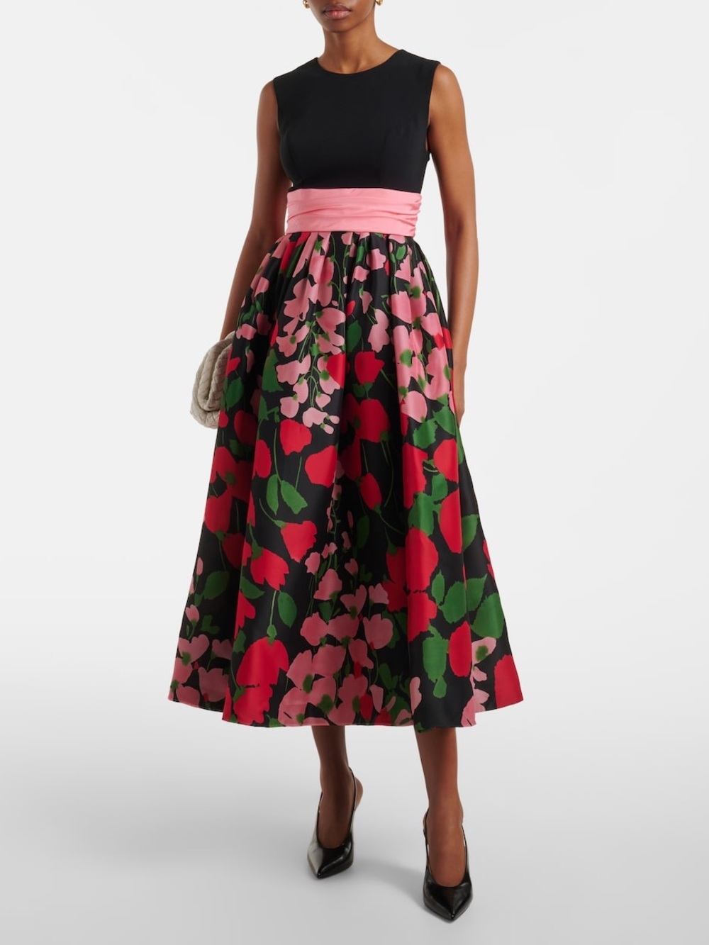 Carolina Herrera Floral Cummerbund Waist Dress In Black Multi